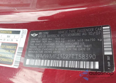 2007 Mini Cooper z USA, uszkodzony, nr VIN WMWMF33597TT58390